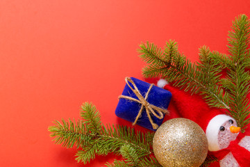 christmas decoration with green tree on red backgroun