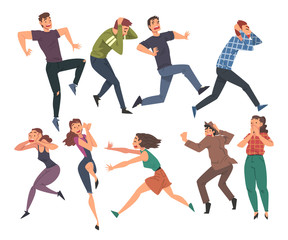 People Afraid of Something Set, Men and Women , Scared, Terrified, Shocked Men and Women with Fear Expression on their Faces Cartoon Style Vector Illustration