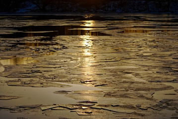 ice melts on the river at dawn, Moscow