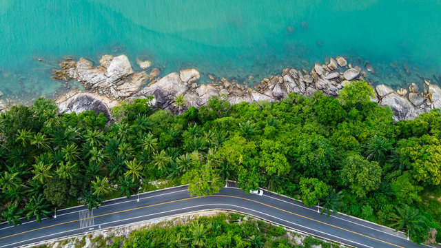 Aerial view of road and beach between Khanom and Sichon, Nakhon Si Thammarat, Thailand