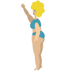 The blonde protests. Fight for the rights of women around the world. Vector illustration. Body positive. Isolated white background. The lady raised her fist up. Plus size model. Woman in sportswear. 