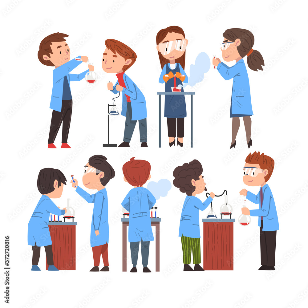 Poster chemist doing experiments set, scientist or student characters in lab coat working at researching la