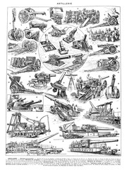 Collection of Artillery war instruments like rocket, motar, tanks, bombs and other military equipment. / Antique engraved illustration from from La Rousse XX Sciele 