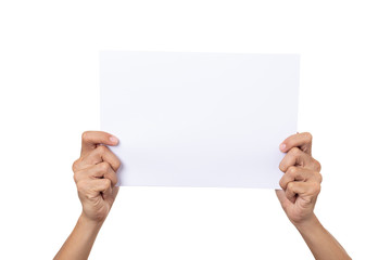 Mockup man holding white paper isolated on a white background