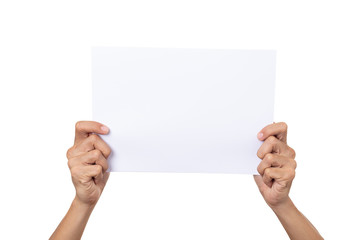 Obraz premium Mockup man holding white paper isolated on a white background
