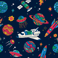 Colorful Spaceship in Galaxy seamless pattern. Background wallpaper