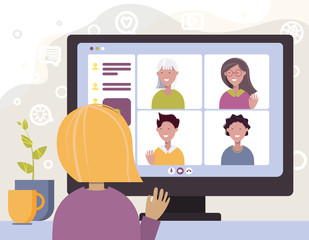 Fototapeta na wymiar Online video conference, video call, distant communication with friends, remote learning or working. Learning and working from home concept. Quarantine. Flat vector illustration. Design elements