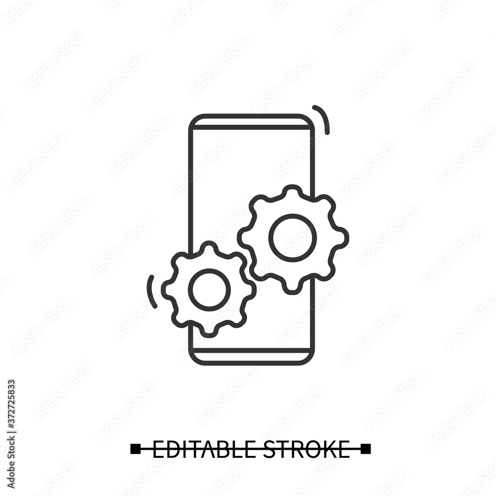 Poster mobile phone seo icon. smartphone with gears, linear pictogram. concept of web site content optimiza