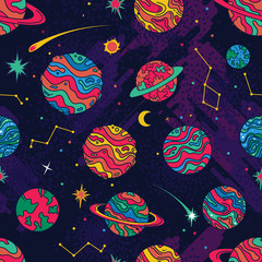 Colorful Planets and Stars in the Universe Seamless Pattern. Background Wallpaper