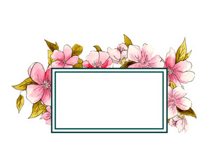 Watercolor drawing of pink flowers with leaves on a white background. Frame for design