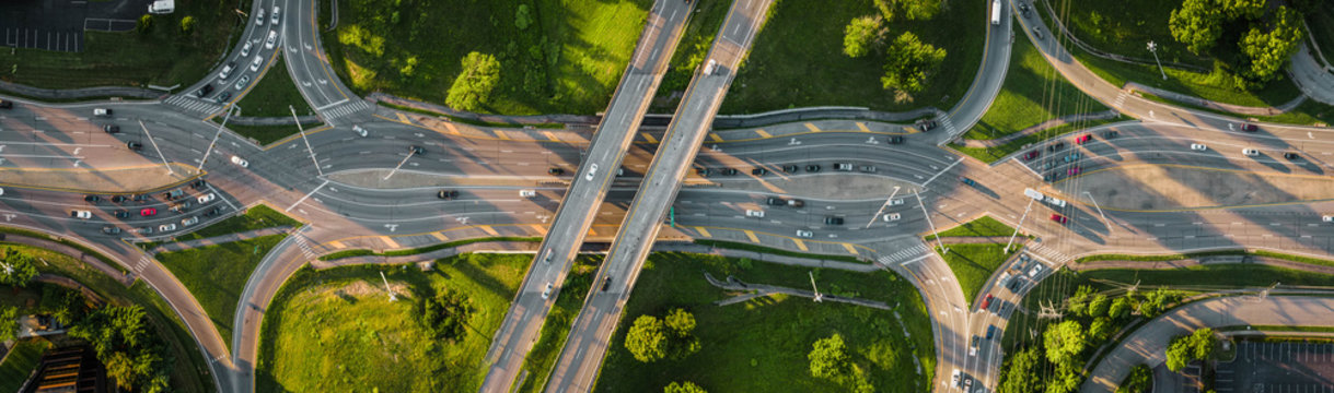 Bird's view, aerial shot of diverging diamond interchange crossroad in Lexington, Kentucky USA
