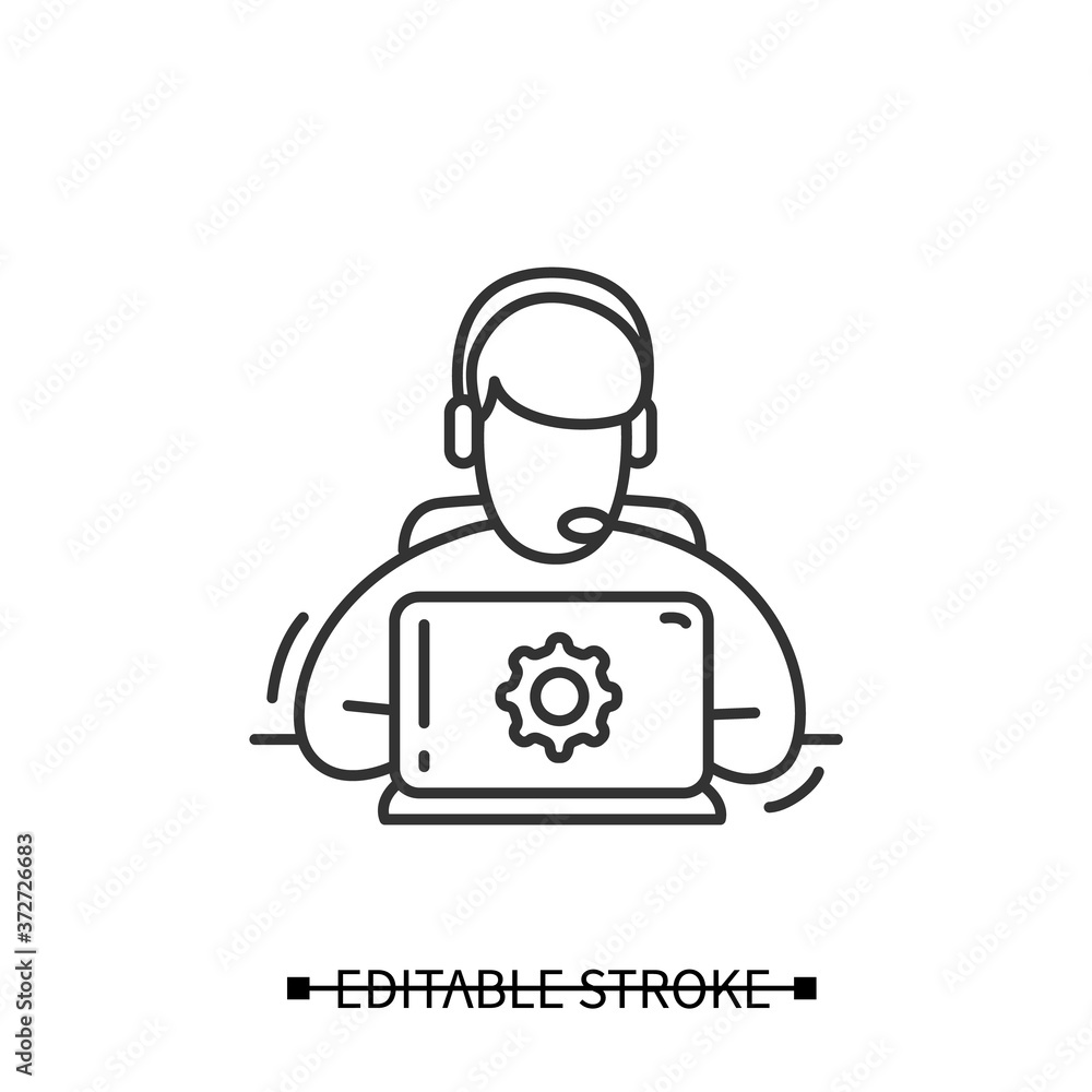 Poster technical support icon. service engineer avatar with headset, laptop computer and gear pictogram. il