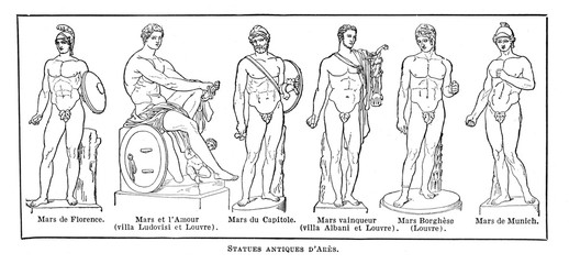 Statues of Mars de Florence, du Capitole, du Munich / Antique engraved illustration from from La Rousse XX Sciele 