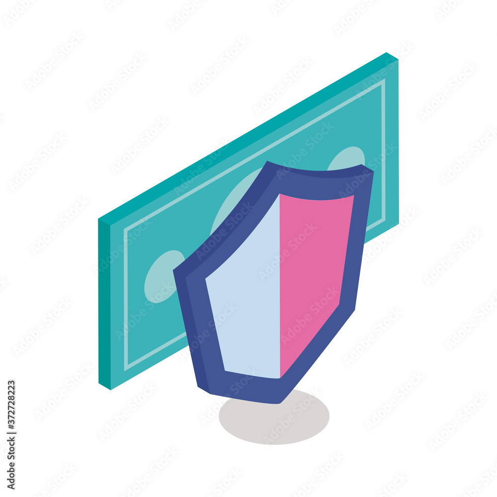 Poster bill with shield isometric line style icon vector design