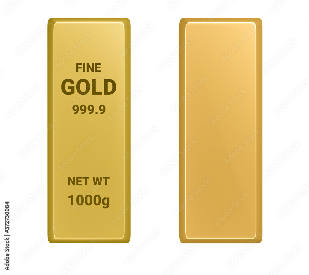 Poster top view of gold bar with sign of fine 999.9 gold and empty gold bar isolated on white background wi