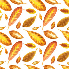 Seamless pattern of golden autumn or tropical leaves on a white background, watercolor illustration, print for fabric and other designs.