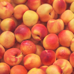 Tender ripe fragrant nectarines are lying in the grocery store, ready to buy. Background of fruit. Good harvest.
