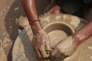 Potter at work, clay molding, man work clay, potter man