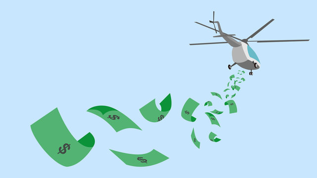 Helicopter money or helicopter drop. A stimulus economic policy in crisis. A helicopter with money fall from it. Vector illustration, flat design