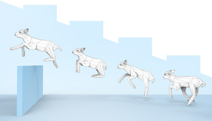 Success Investment  Concept White Sheep Jumping on Blue step stair background - 3d rendering