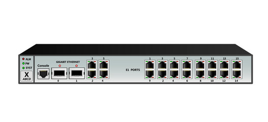 E1 multiplexer switch for Ethernet streams and packets. Has 2 SFP ports, 4 Ethernet ports (RJ45), 16 E1 ports (RJ45) on a white background. Vector illustration.