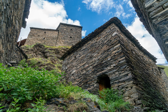 Ruined medieval village and fortress Mutso. Khevsureti, Georgia