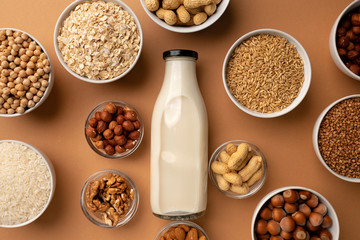 Assortment of vegetarian lactose free milk made of nuts and grains