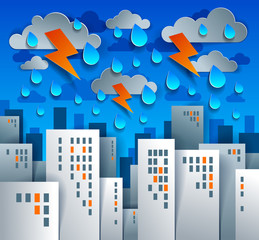 Fototapeta premium City houses buildings under thunderstorm and lightning paper cut cartoon kids game style vector illustration, modern minimal design of cute cityscape, urban life, clouds and rain in sky.