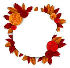 Background with flowers and autumn leaves paper cut style, copy space for text, vector fall floral illustration. Wedding invitation or romantic greeting card.