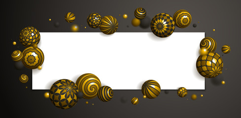 Abstract gold spheres vector background with blank paper sheet, composition of flying balls decorated with patterns, 3D mixed variety realistic globes with ornaments, depth of field effect.
