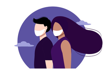 Health care concept. Multi ethnic couple wearing protective face masks. Different nationalities and cultures. Prevents the flu and infection from the covid-19. Isolated vector illustration