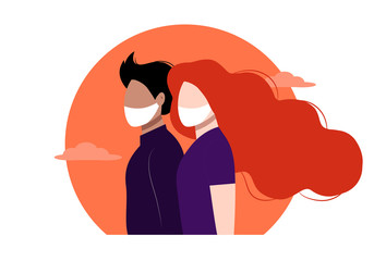 Health care concept. Multi ethnic couple wearing protective face masks. Different nationalities and cultures. Prevents the flu and infection from the covid-19. Isolated vector illustration
