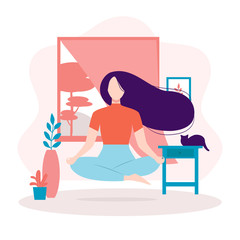 Meditation, yoga at home. Girl with long dark hair soars in the lotus position. Concept of relax, recreation, healthy lifestyle. Isolated vector illustration