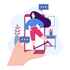 Online workout. Stay at home concept. Fitness by internet with instructor. Girl shows leg swing exercise with elastic band. Sports training by mobile app. Healthy lifestyle. Vector illustration