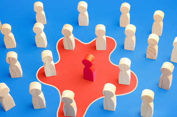 Obraz premium Red man spreads his influence over people around him. Unite people on a new idea. Employee toxicity. Collaboration, cooperation. Recruiting followers. Influencer manipulator, intriguer.