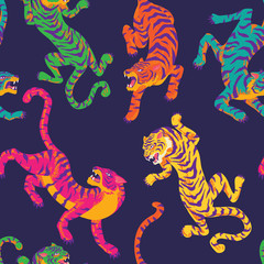 Colorful Tiger seamless pattern. Vector Background