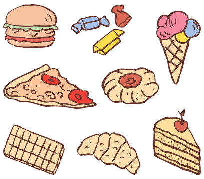 Vector image of a set of different drawn fast food