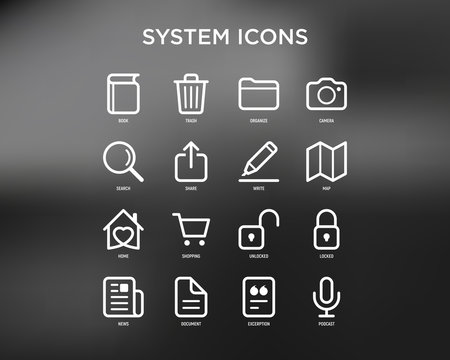System icons set: book, trash, camera, file, search, share, map, news, shopping, add document, locked, unlocked. Minimal thin line icons. Vector illustration.