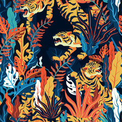 Tiger in tropical forest seamless pattern. Vector Background