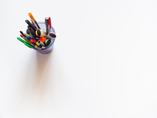 Obraz premium Assorted office or school colorful stationery on white background. Flat lay top view with copy space. back to school or creative education craft design concept.