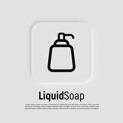 Obraz premium Dispenser for gel or foam soap thin line icon. Bottle with pump. Modern vector illustration of bathroom equipment.