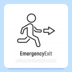 Thin line icon of exit: running man and arrow. Vector illustration.
