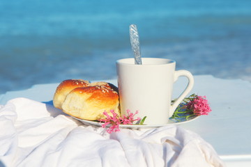 Breakfast. Black coffee with pastries