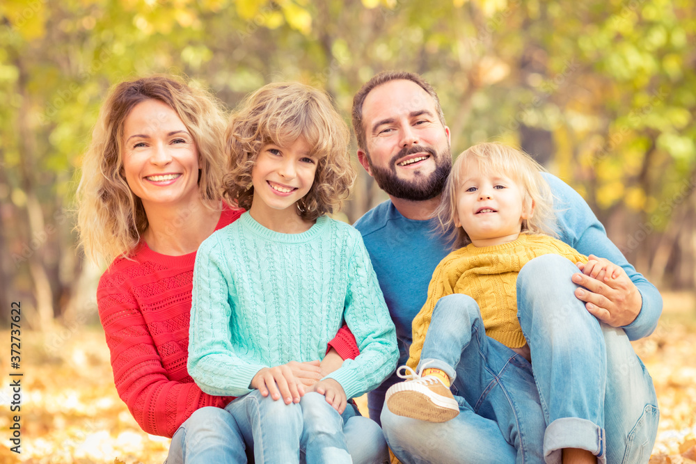 Sticker happy family having fun outdoor in autumn park