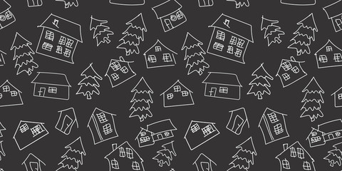 scandinavian wooden houses with roof seamless vector rough handwritten pattern with new year christmas trees on the dark gray background white borders
