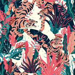 Tiger in tropical forest seamless pattern. Vector Background