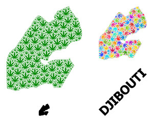 Vector Collage Map of Djibouti of Bright and Green Marijuana Leaves and Solid Map