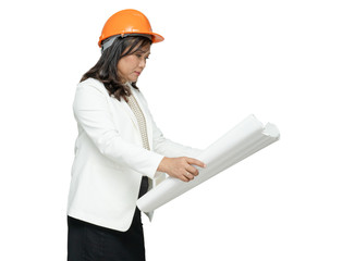 Engineer with orange helmet and holding blueprint project isolated on white background with clipping path.i