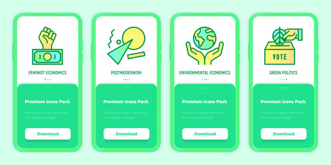 Green economy mobile user interface with thin line icons set: feminist economics, postmodernism, green politics. Vector illustration for environmental issues, template with copy space.