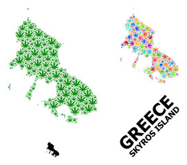 Vector Collage Map of Skyros Island of Colorful and Green Cannabis Leaves and Solid Map